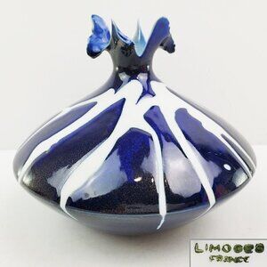 Limoges France Ceramic Abstract Modern Vase Style Blue White Art Piece